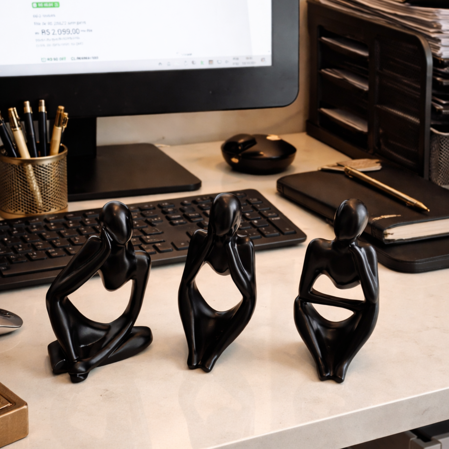 Kit Decorativo com 3 Estátuas Pensador Moderno em Porcelana