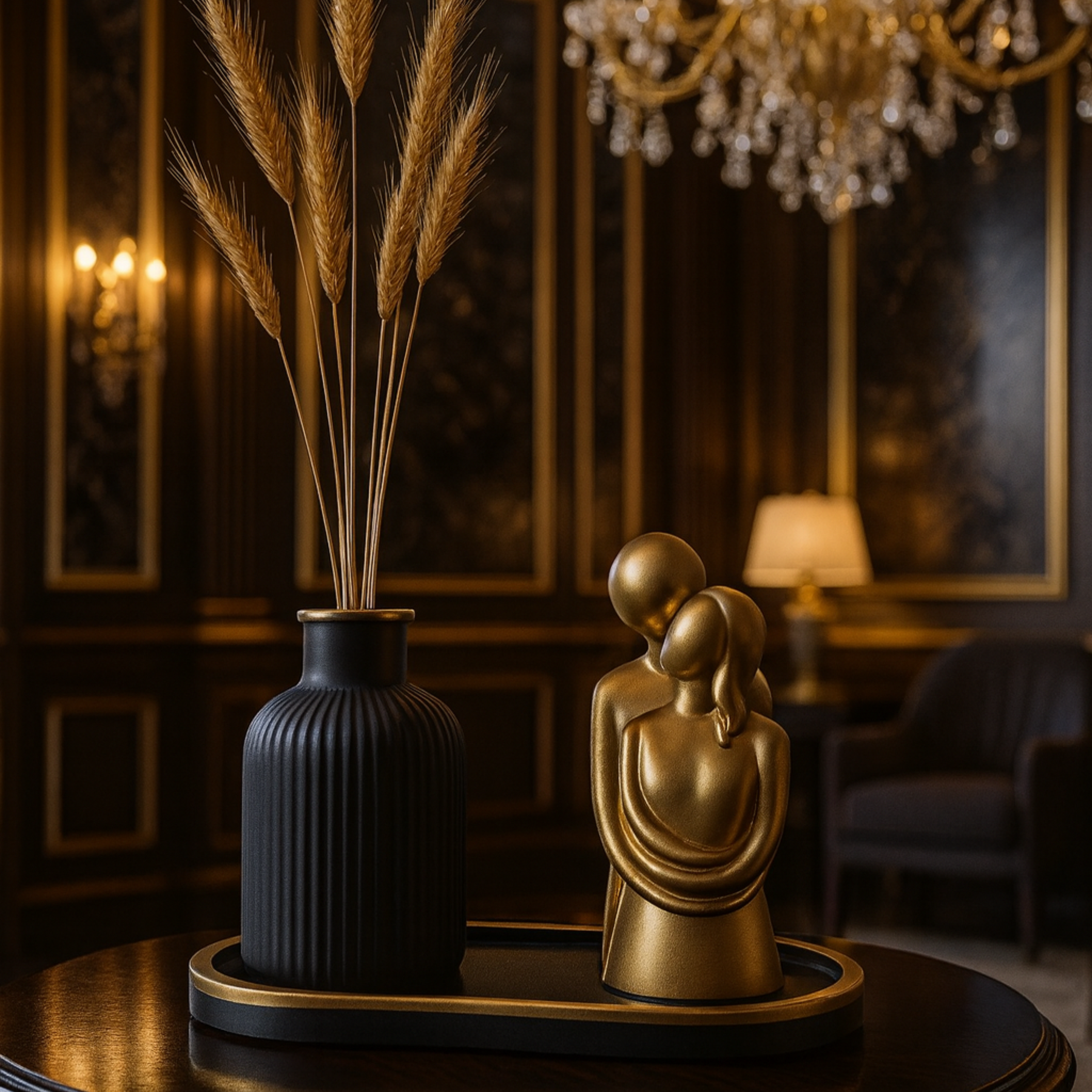 Trio Decorativo com Escultura Dourada Vaso Moderno e Bandeja