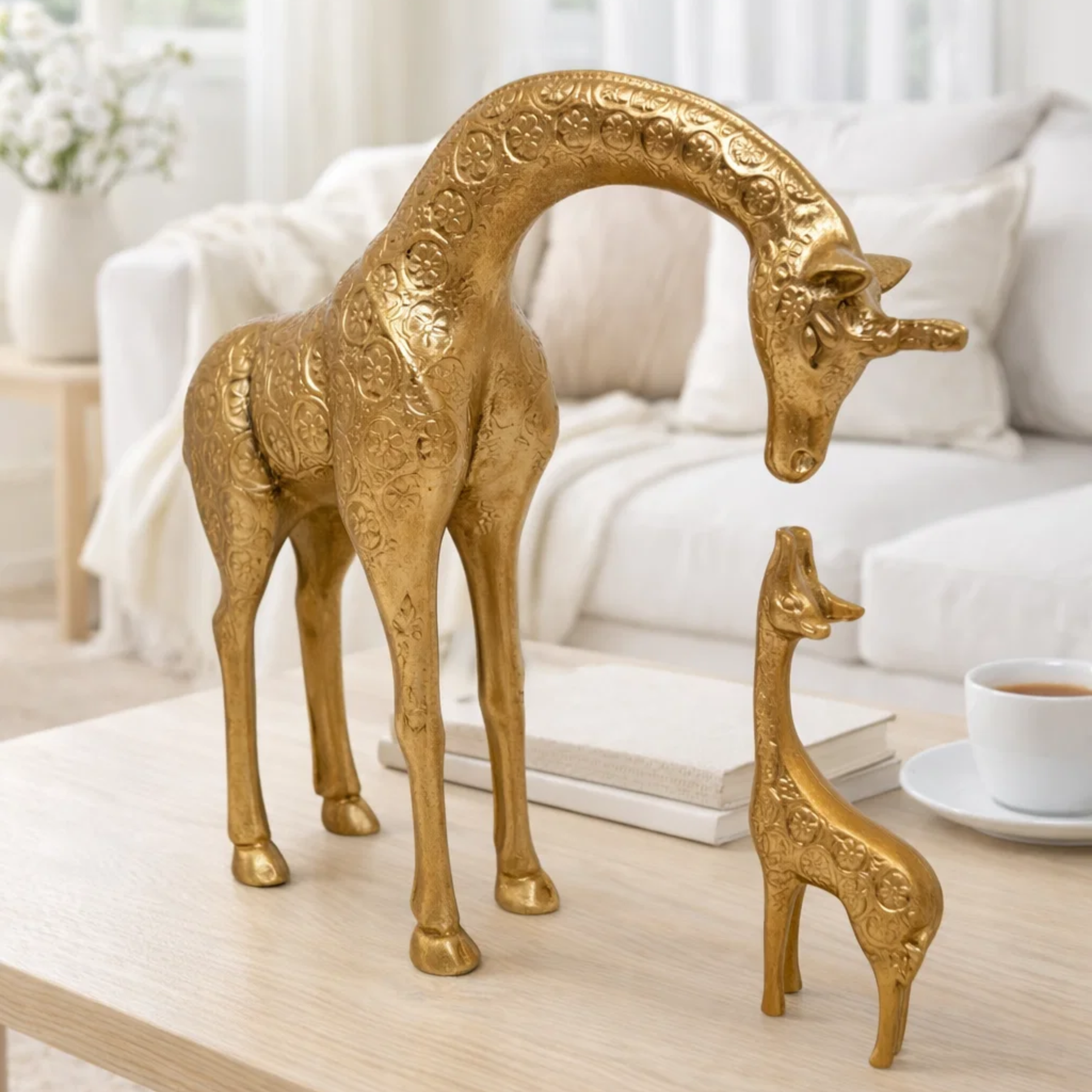 Escultura Dourada Dupla de Girafas Decorativa em Resina