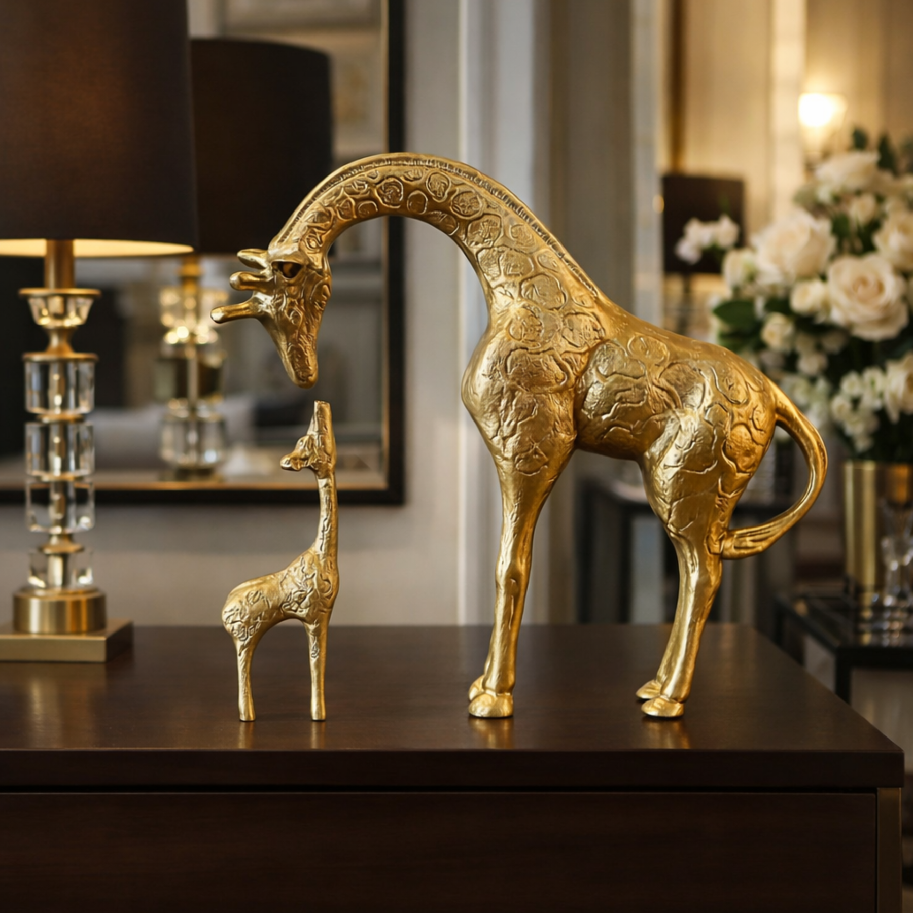 Escultura Dourada Dupla de Girafas Decorativa em Resina