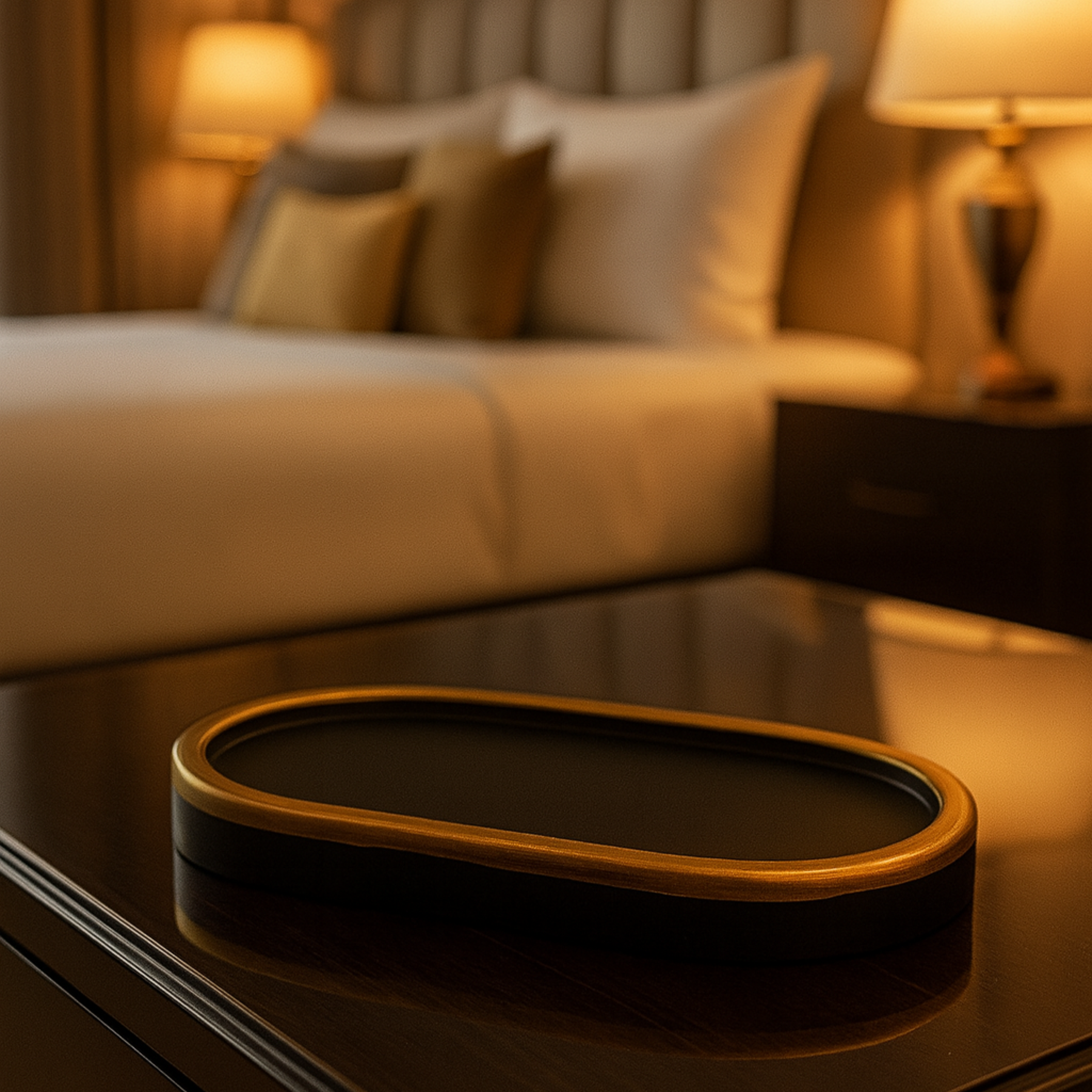 Trio Decorativo com Escultura Dourada Vaso Moderno e Bandeja