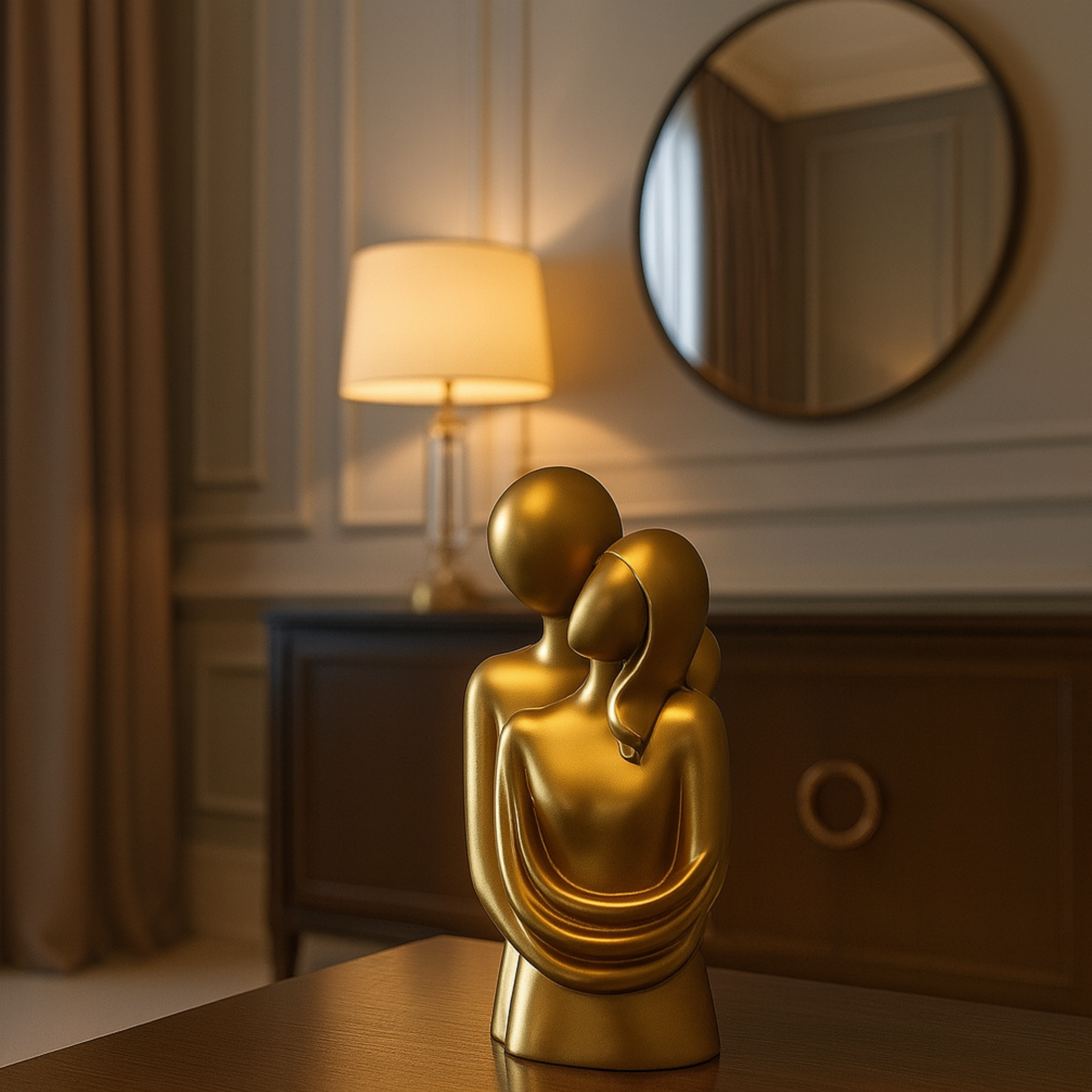 Trio Decorativo com Escultura Dourada Vaso Moderno e Bandeja