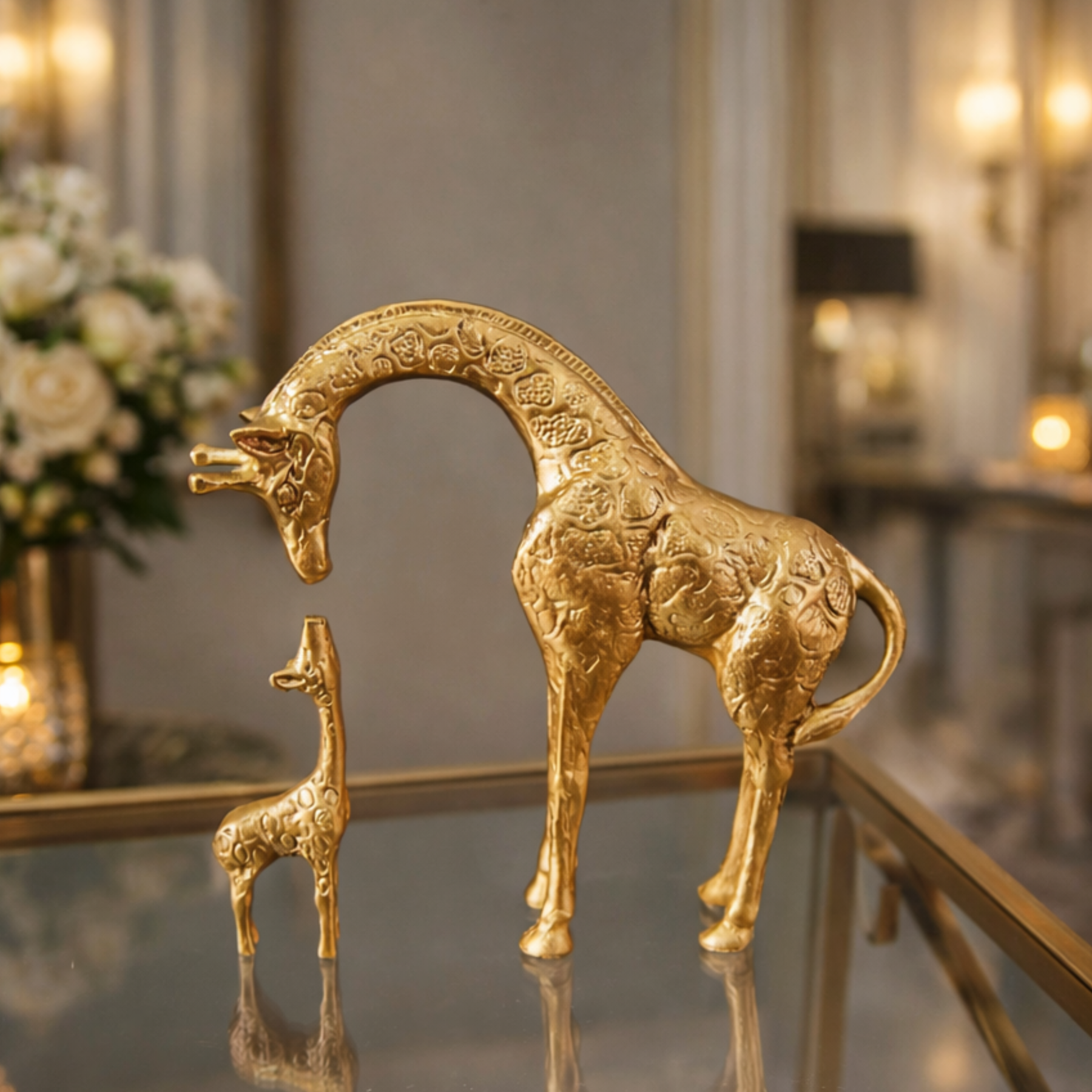 Escultura Dourada Dupla de Girafas Decorativa em Resina