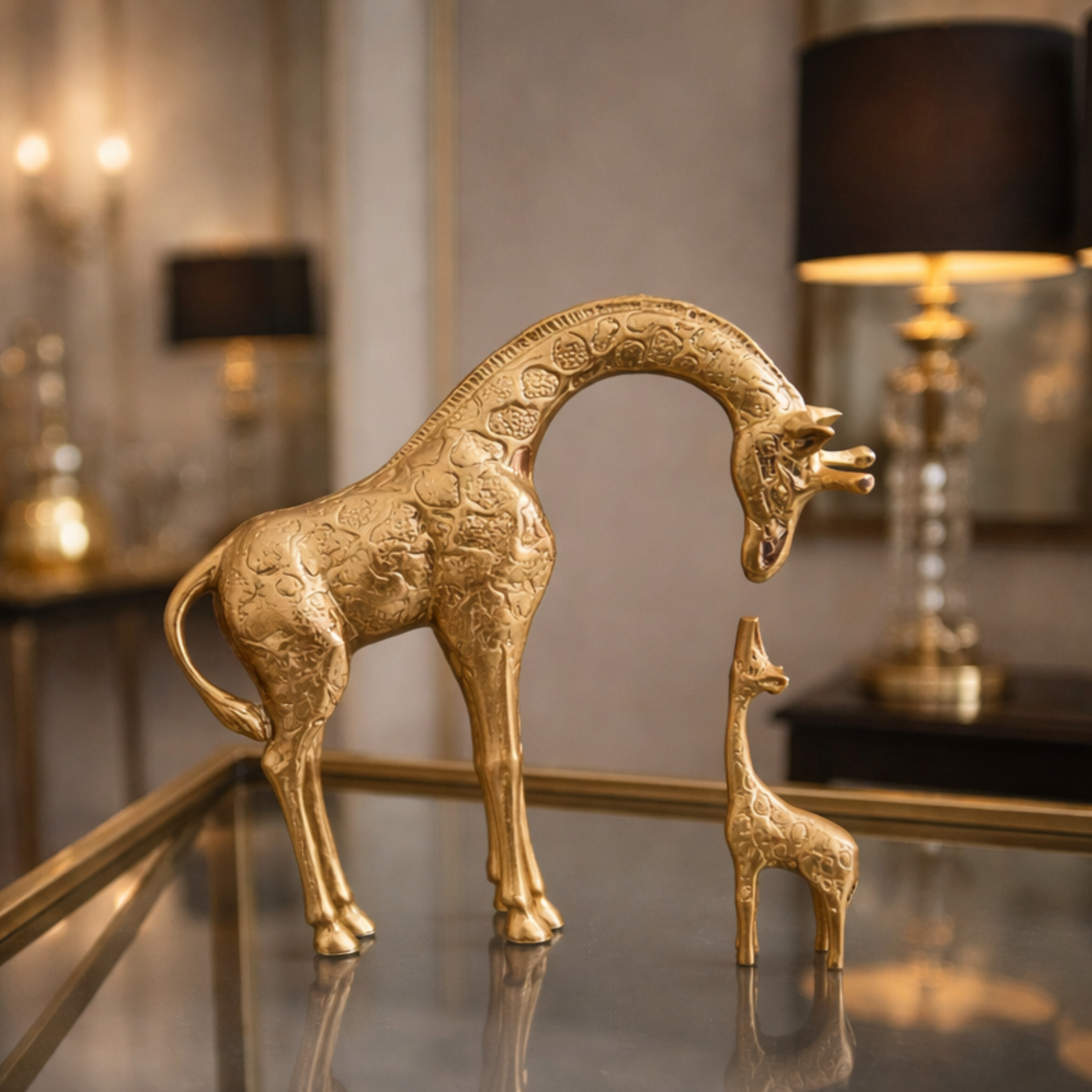 Escultura Dourada Dupla de Girafas Decorativa em Resina