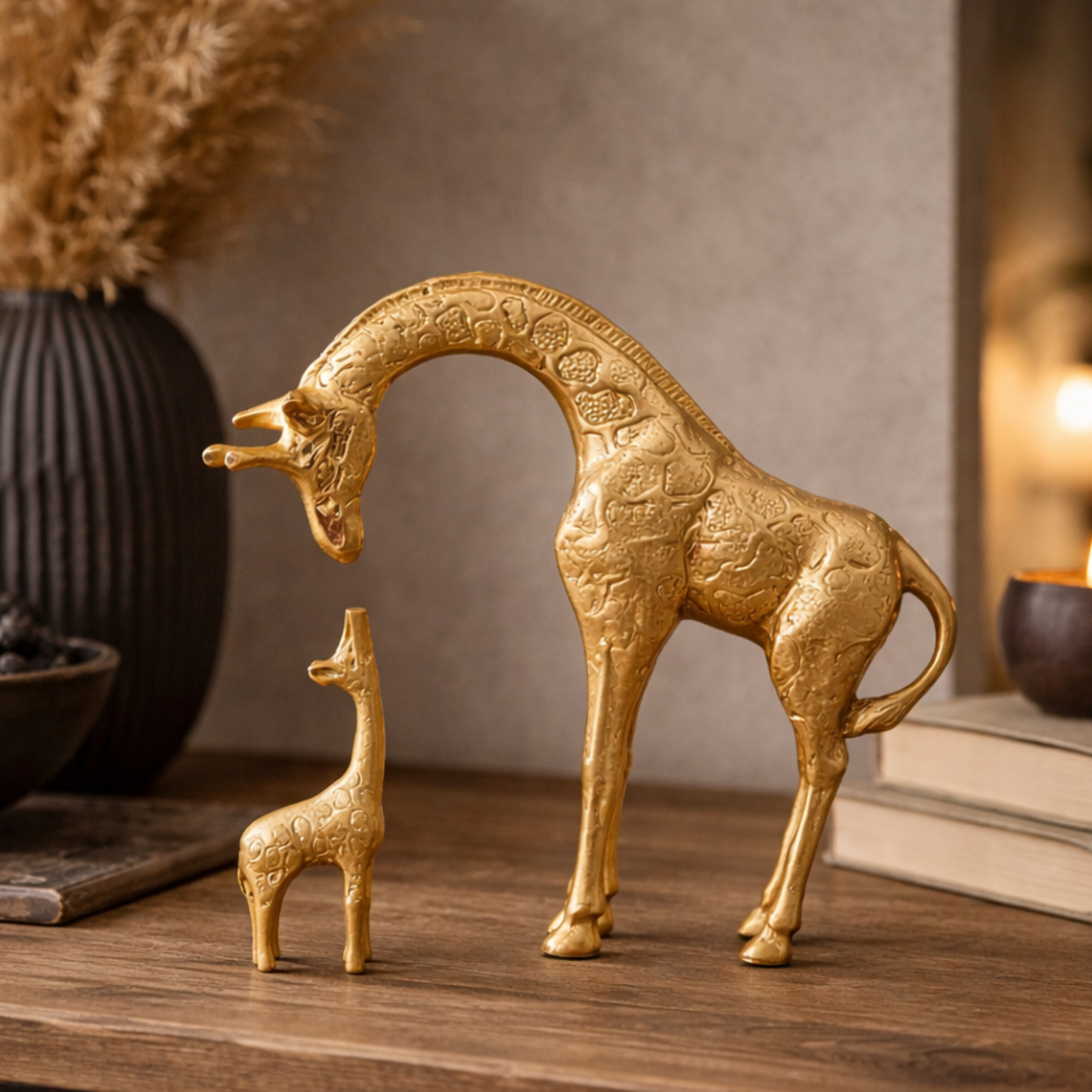 Escultura Dourada Dupla de Girafas Decorativa em Resina