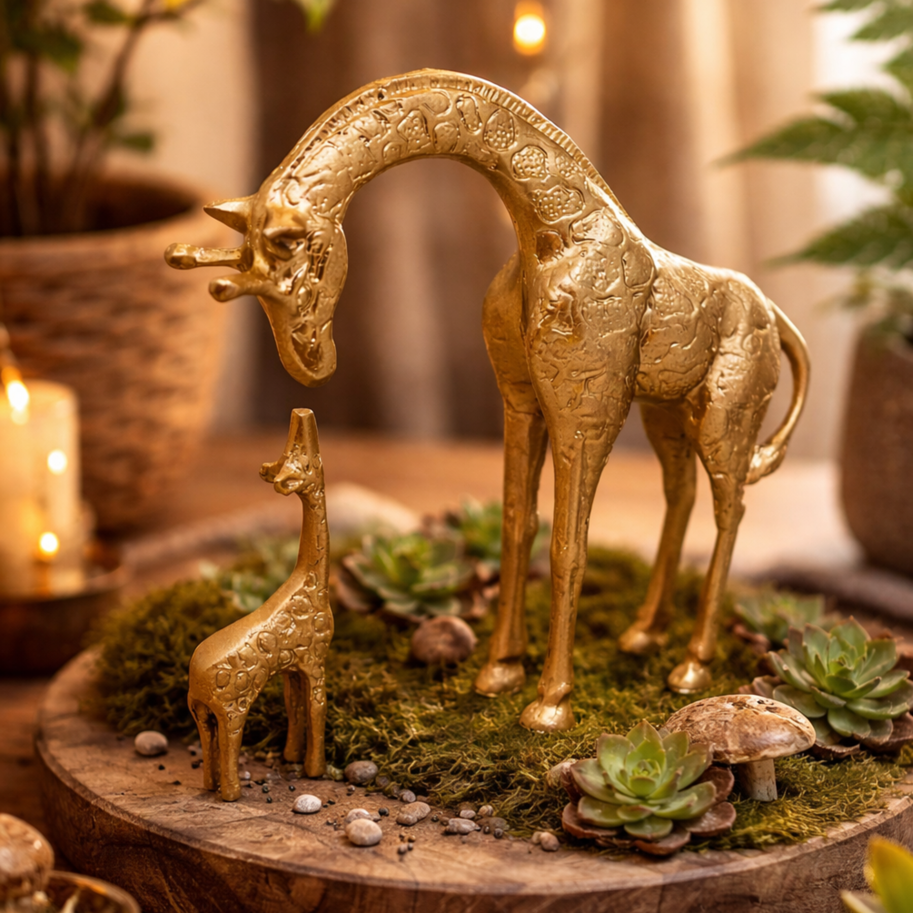 Escultura Dourada Dupla de Girafas Decorativa em Resina