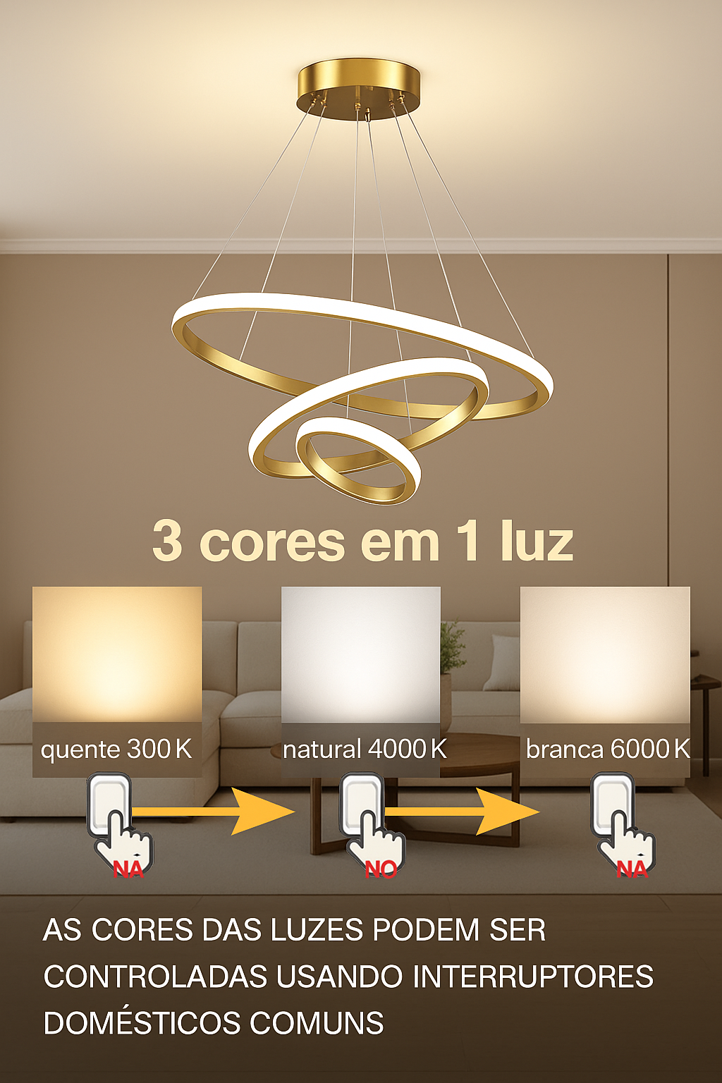 Lustre Nórdico LED Triplo Círculo com 3 Temperaturas de Luz