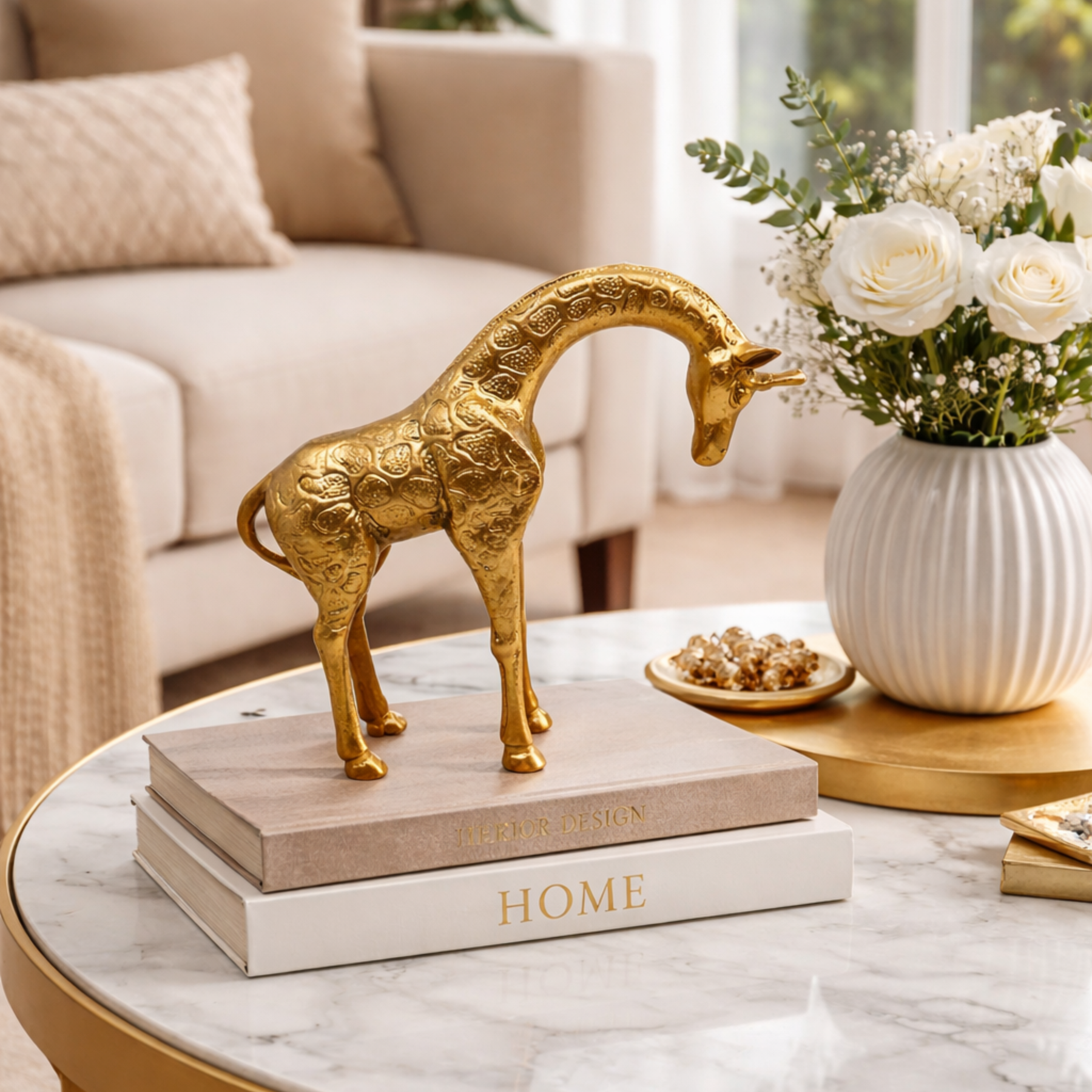 Escultura Dourada Dupla de Girafas Decorativa em Resina