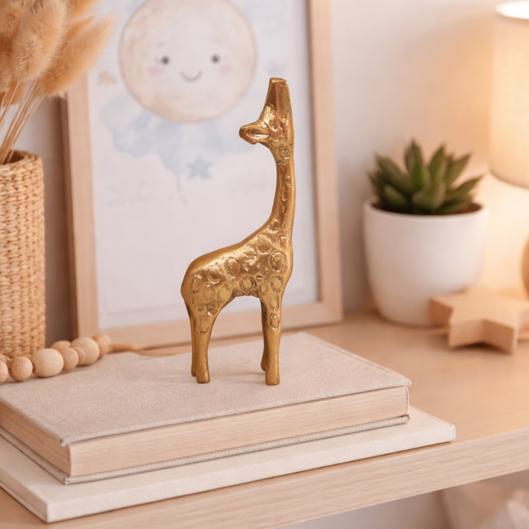 Escultura Dourada Dupla de Girafas Decorativa em Resina