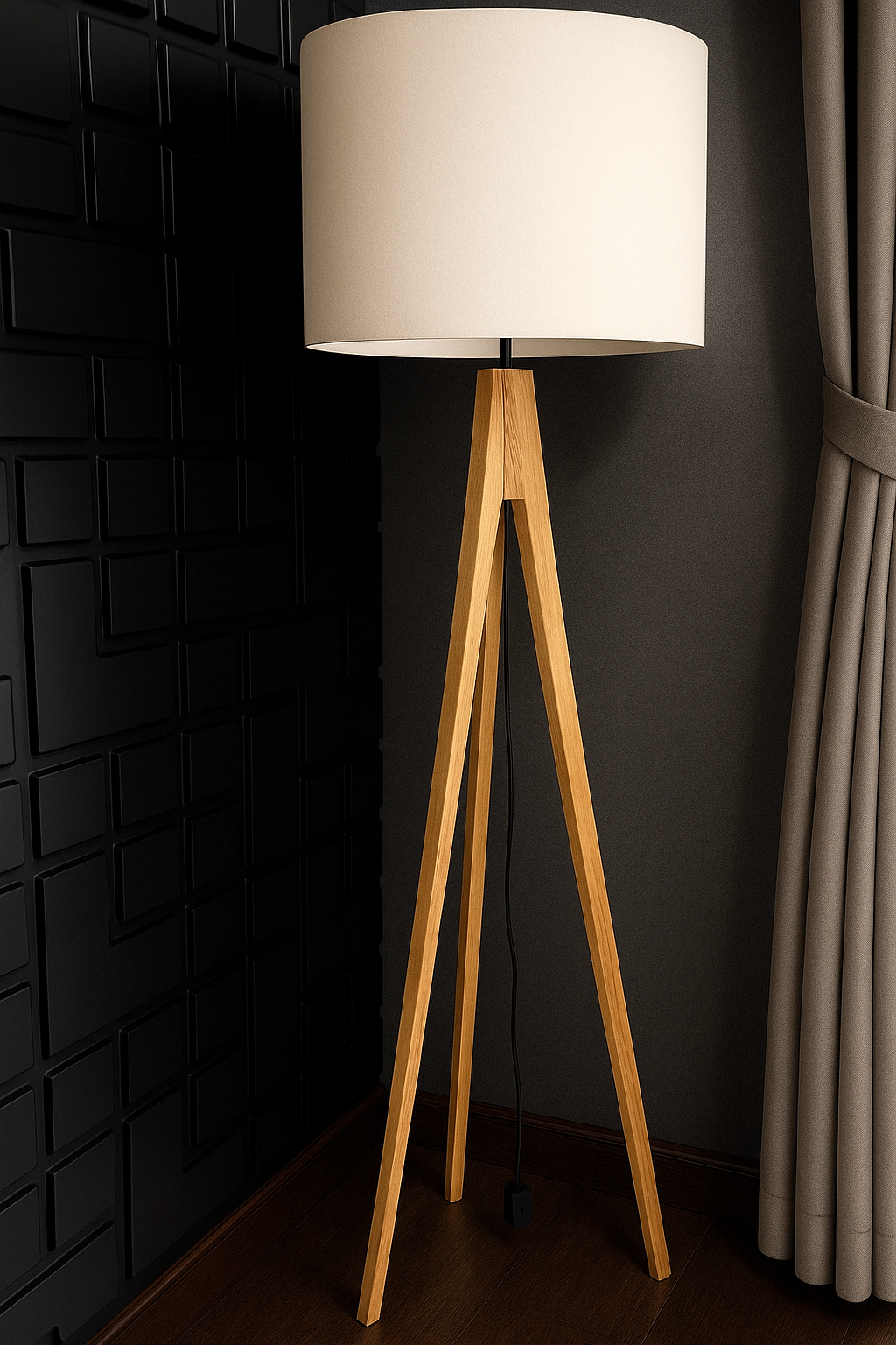 Abajur de Chão com Tripé em Madeira e Cúpula Design Escandinavo