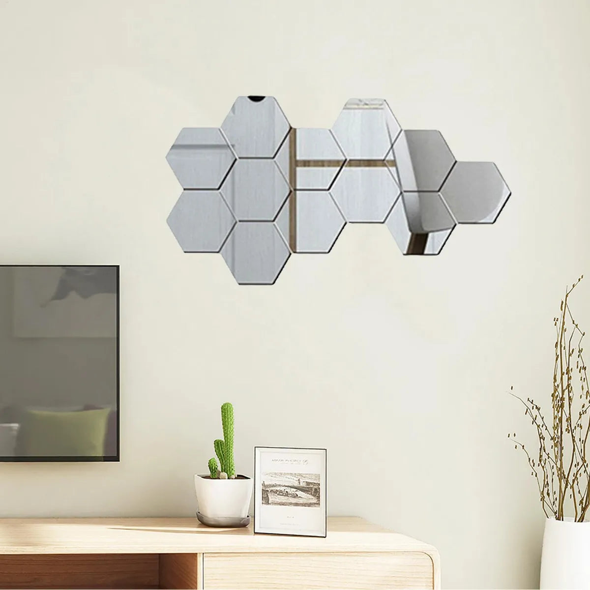 Kit 12 Espelhos Adesivos Decorativos Hexágonos em Acrílico