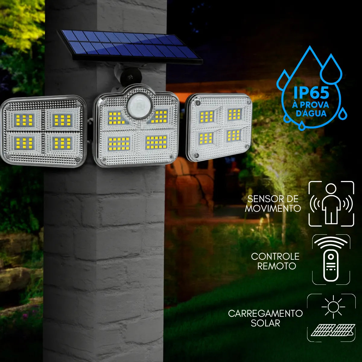 Refletor Solar COB com Sensor de Presença IP65 para Parede