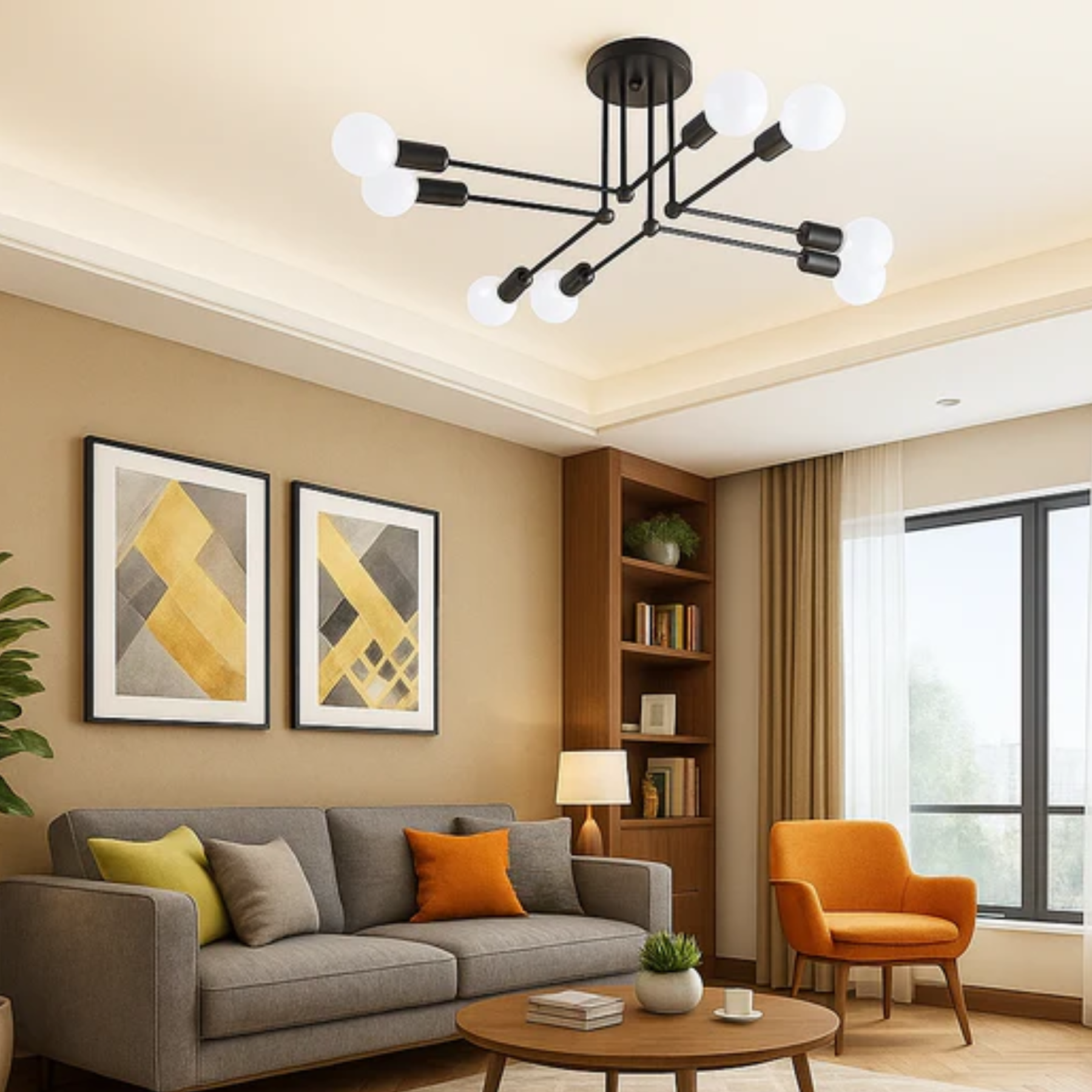 Lustre de Teto Moderno com 8 Lâmpadas e Hastes Estilo Geométrico