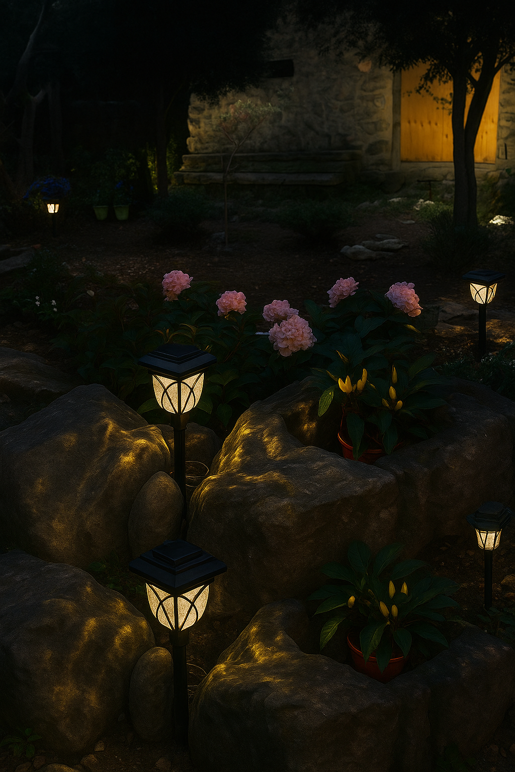 Kit Luminária Solar Casinha com Haste Fixadora para Jardim