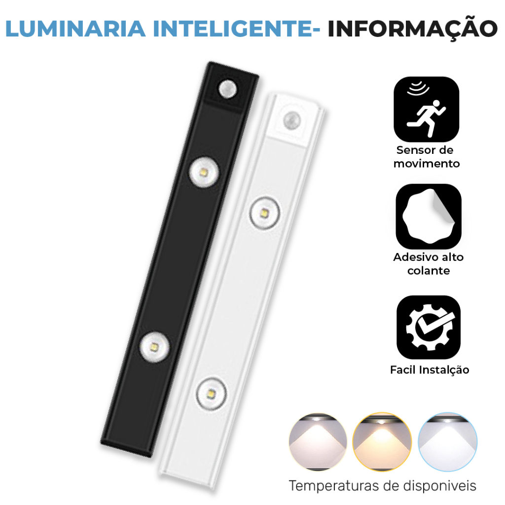 Smart Luminária LED Inteligente com Sensor de Movimento, Recarregável USB, Fina, 20/40/60cm, 3 Módulos