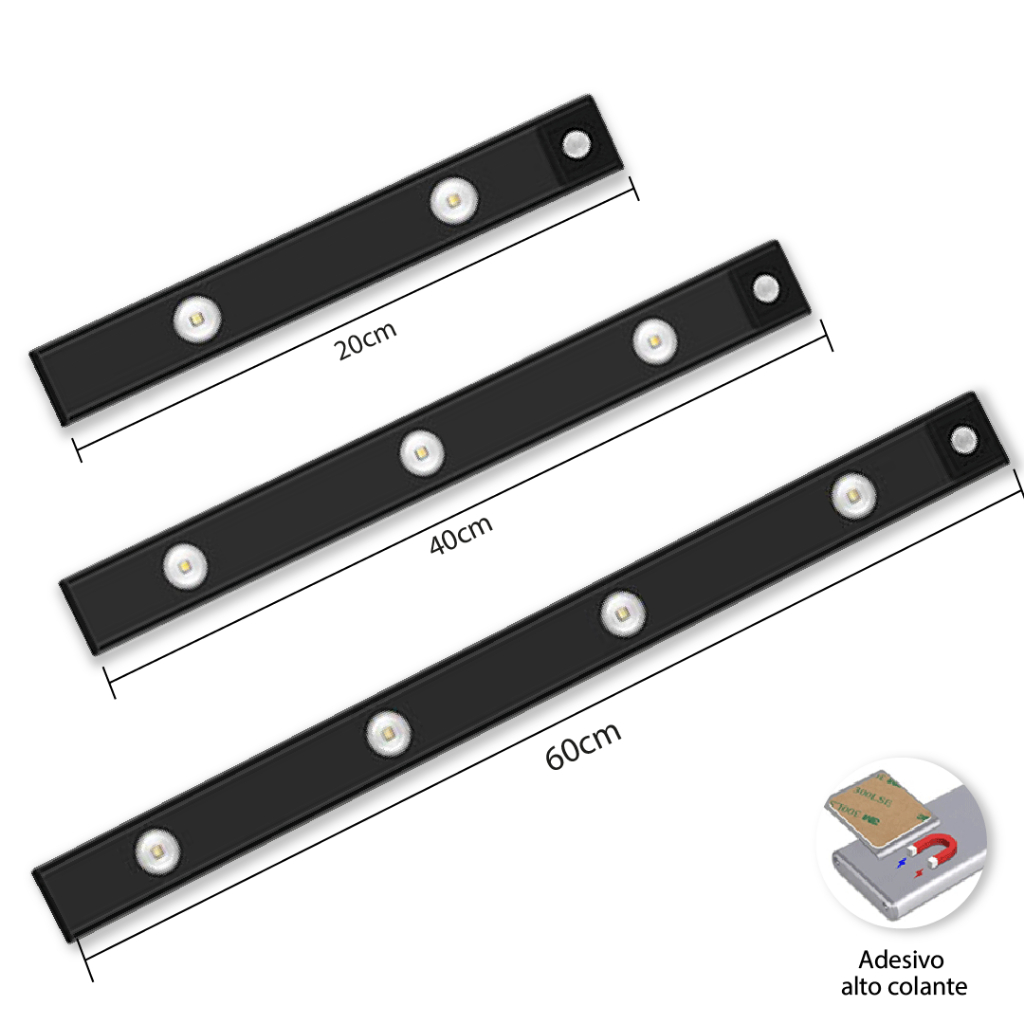 Smart Luminária LED Inteligente com Sensor de Movimento, Recarregável USB, Fina, 20/40/60cm, 3 Módulos
