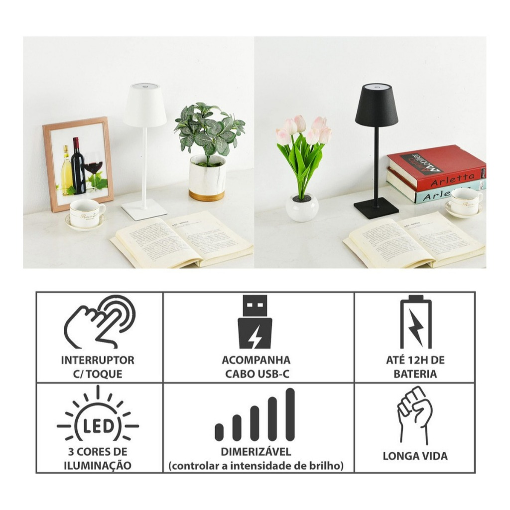 Kit 2 Luminária Abajur Mesa Led Touch S/ Fio Recarregável Preta