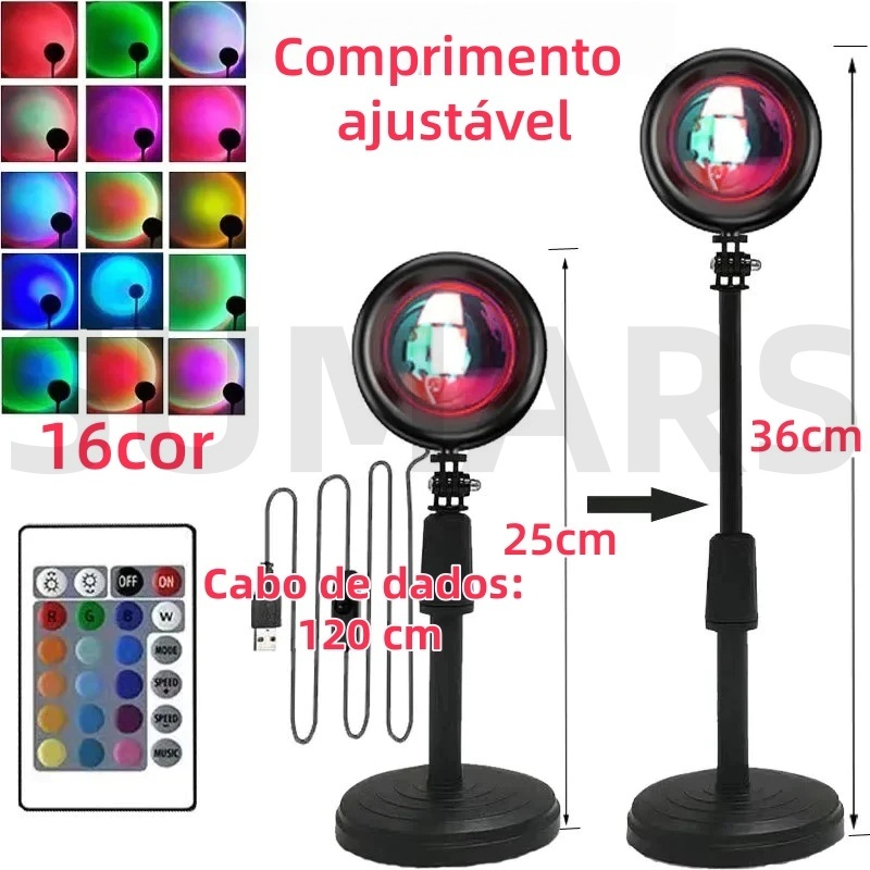 HOMING Luminária Por Do Sol Luz Noturna Projetor Led Sunset 16 cores Ajustável com Remoto USB para FotografiaFesta Casa