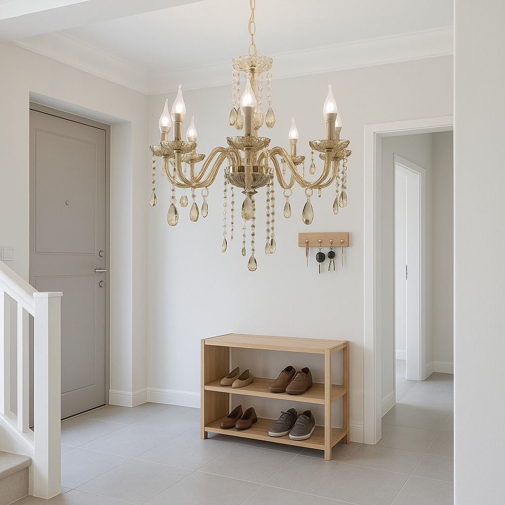 Lustre de Cristal Candelabro 8 braços Âmbar E14 Sala de Jantar Luxo Moderno