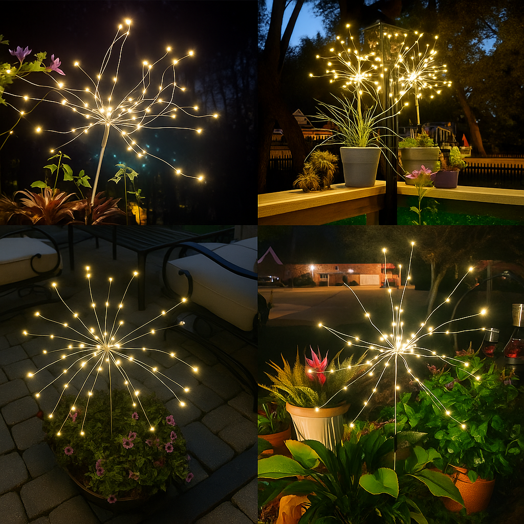 Luminária Solar Estaca LED Efeito Fogos de Artifício para Jardim