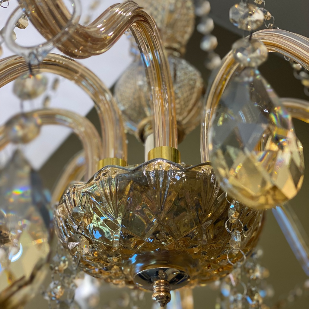 Lustre de Cristal Candelabro 8 braços Âmbar E14 Sala de Jantar Luxo Moderno