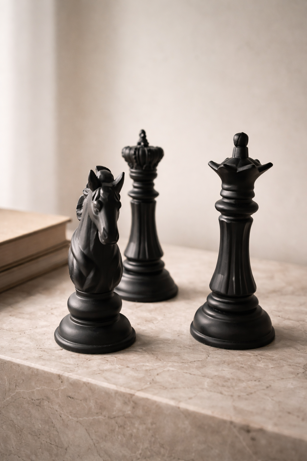 Estatuetas Decorativas 3 peças de Xadrez Rei Rainha e Cavalo