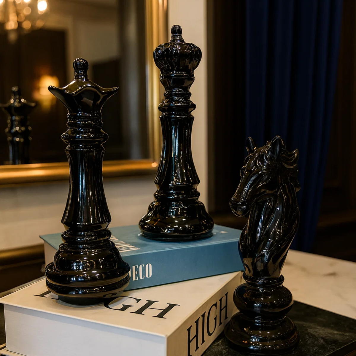 Estatuetas Decorativas 3 peças de Xadrez Rei Rainha e Cavalo