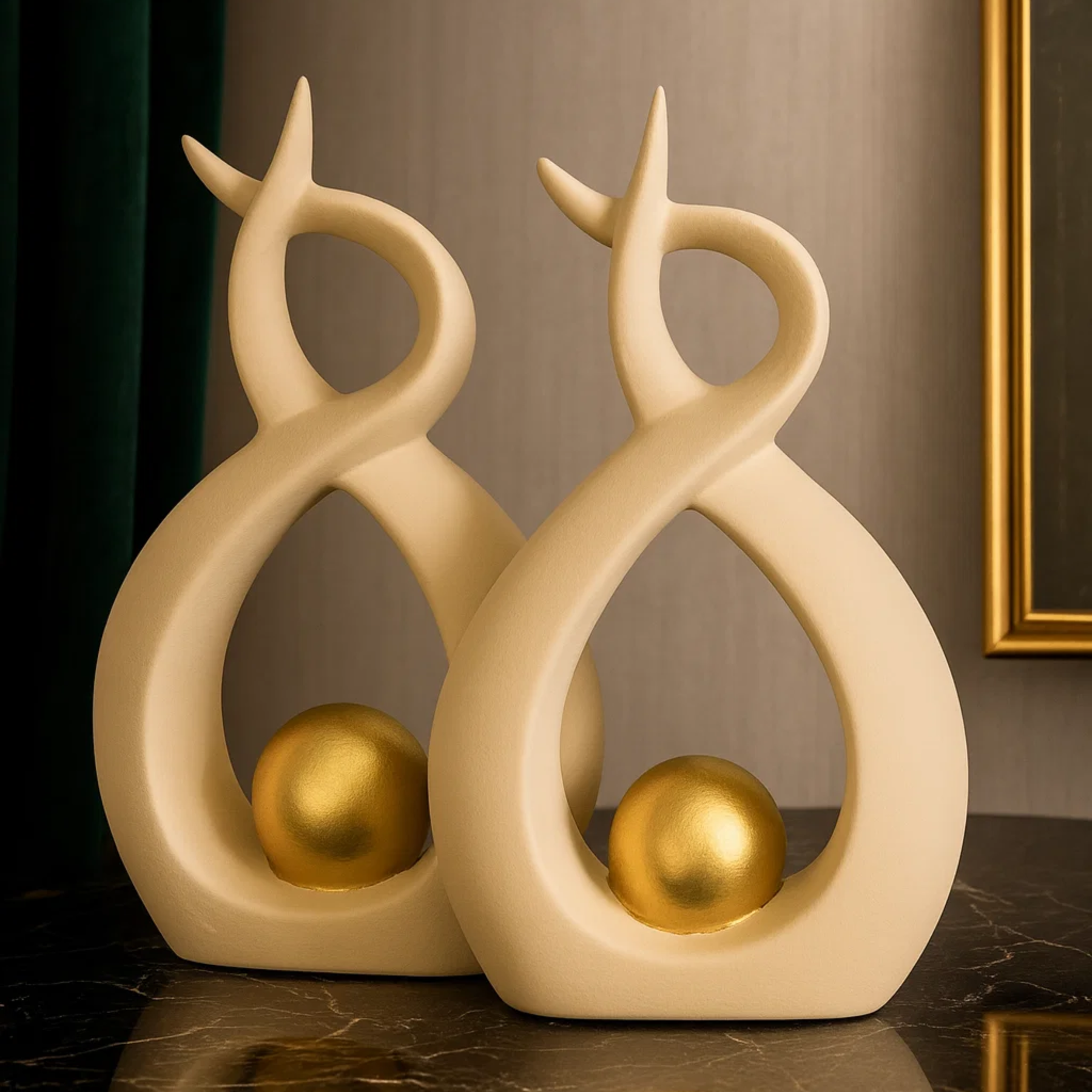 Dupla de Vasos Decorativos em Cerâmica com Esfera Dourada