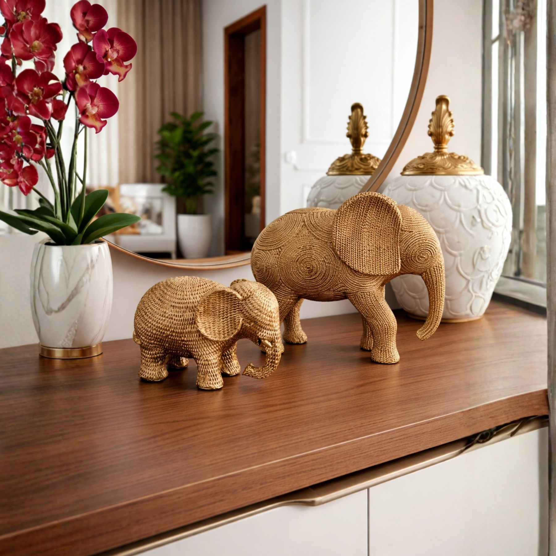 Estatueta Elefante da Sorte Decorativo Dourado Textura Sisal