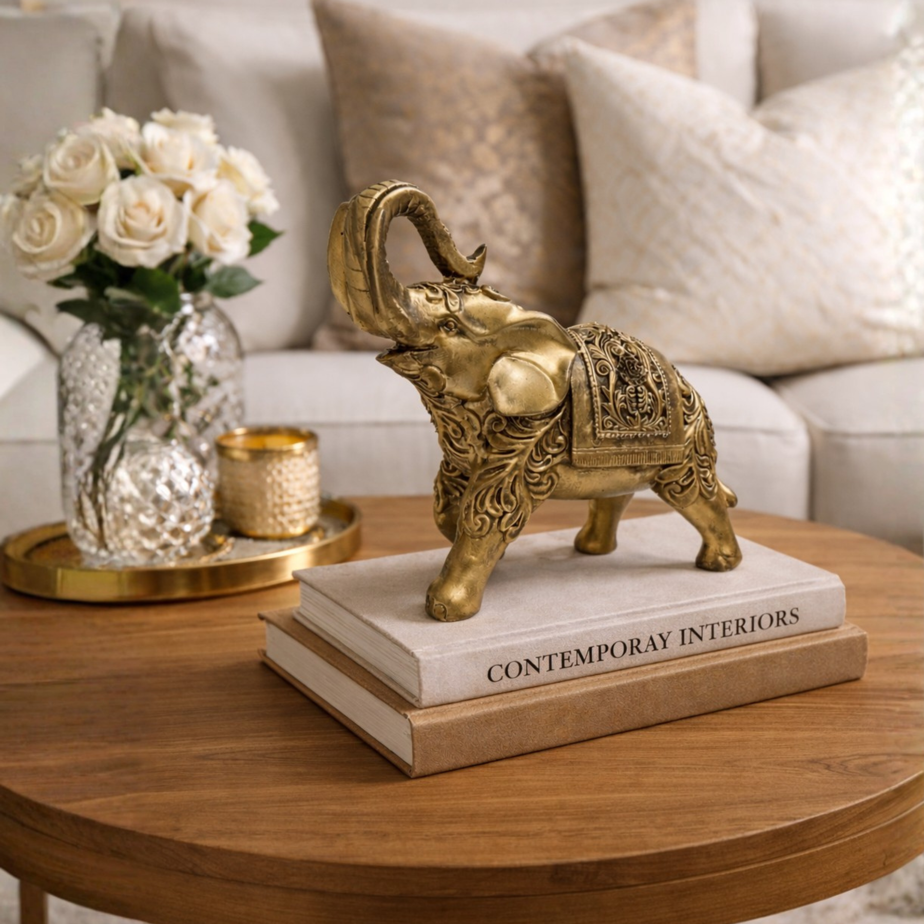 Escultura Elefante Indiano Dourado Decorativo Prosperidade e Sorte