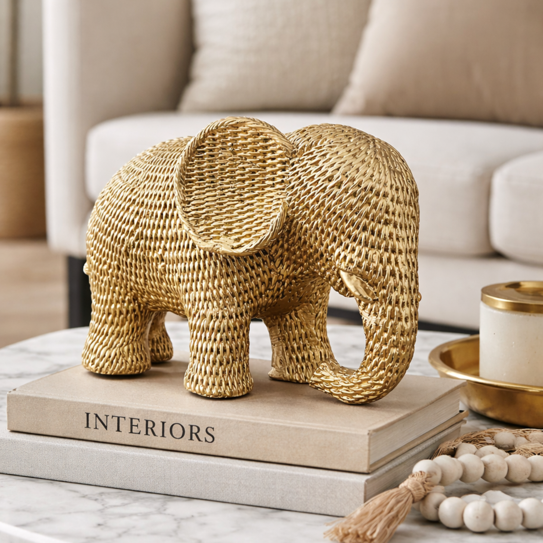 Estatueta Elefante da Sorte Decorativo Dourado Textura Sisal
