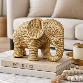 Estatueta Elefante da Sorte Decorativo Dourado Textura Sisal