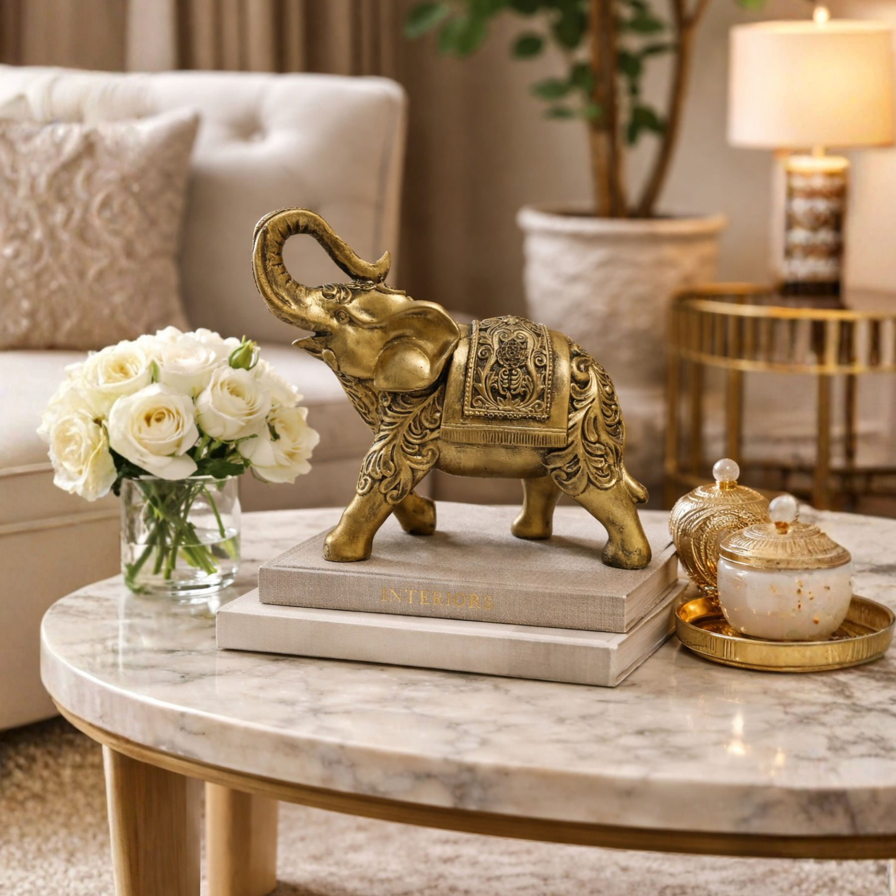 Escultura Elefante Indiano Dourado Decorativo Prosperidade e Sorte