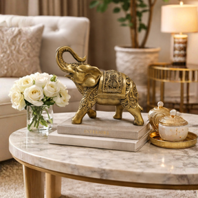 Escultura Elefante Indiano Dourado Decorativo Prosperidade e Sorte