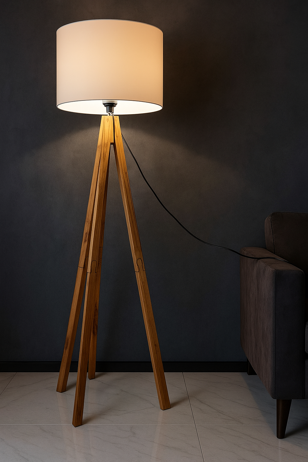 Abajur de Chão com Tripé em Madeira e Cúpula Design Escandinavo