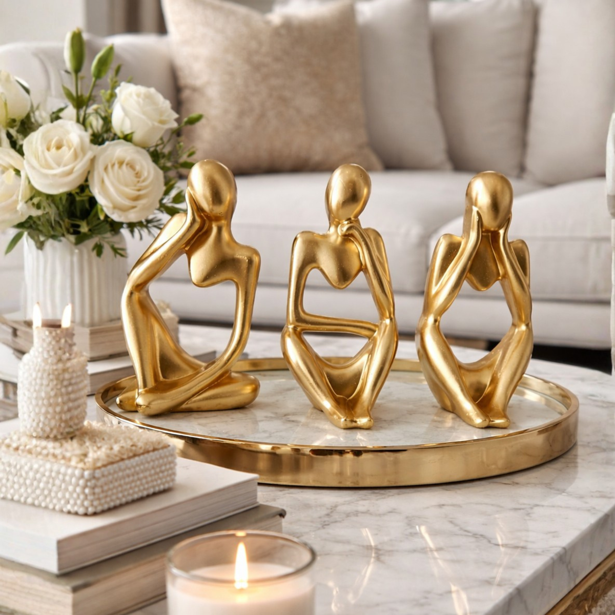 Kit Decorativo com 3 Estátuas Pensador Moderno em Porcelana