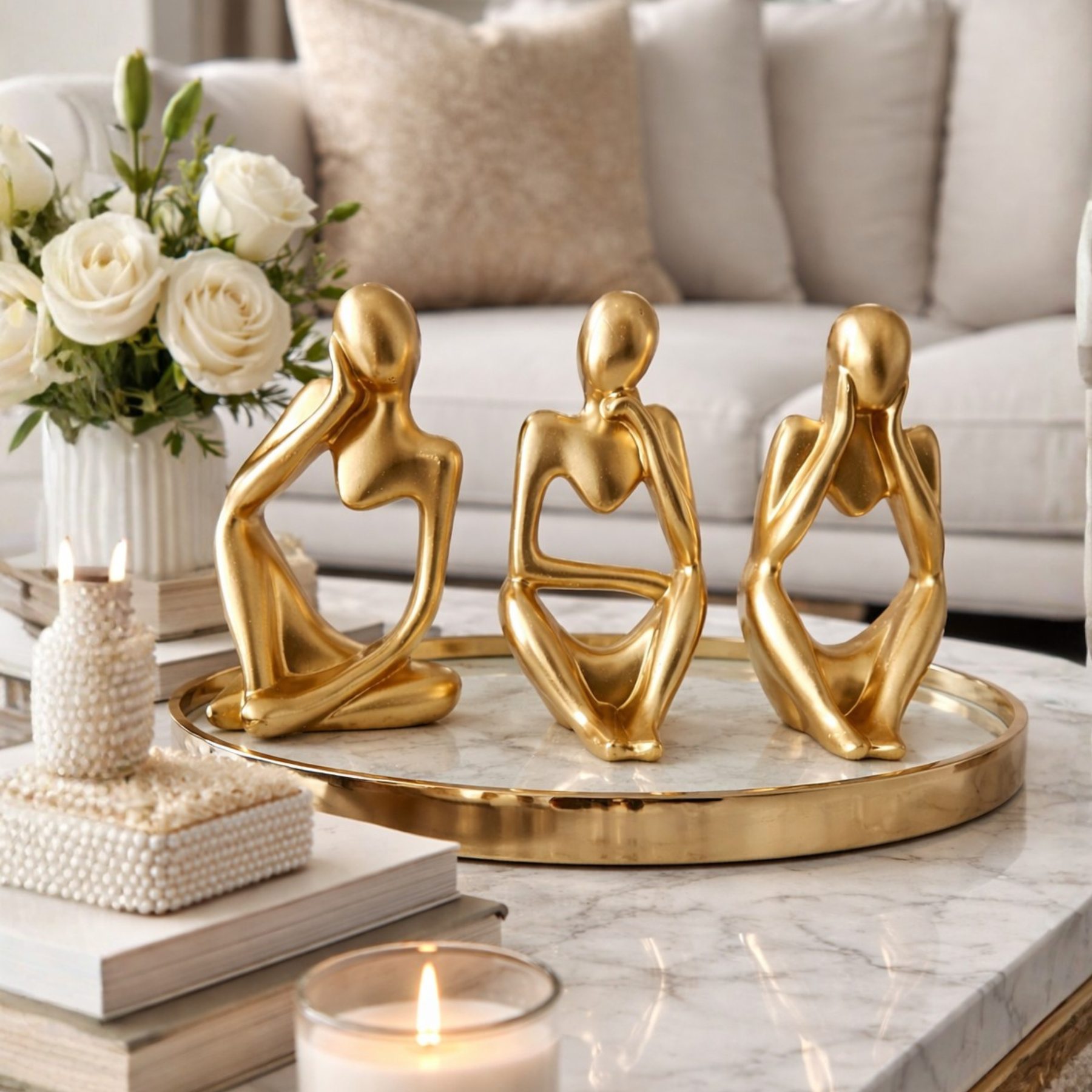 Kit Decorativo com 3 Estátuas Pensador Moderno em Porcelana