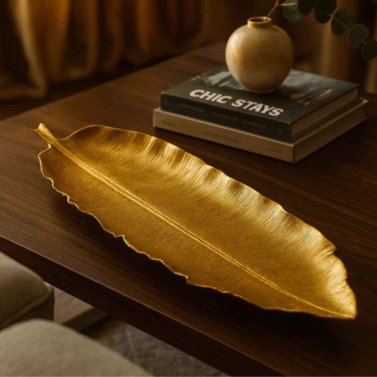 Bandeja Decorativa em Resina com Formato de Folha Alongada