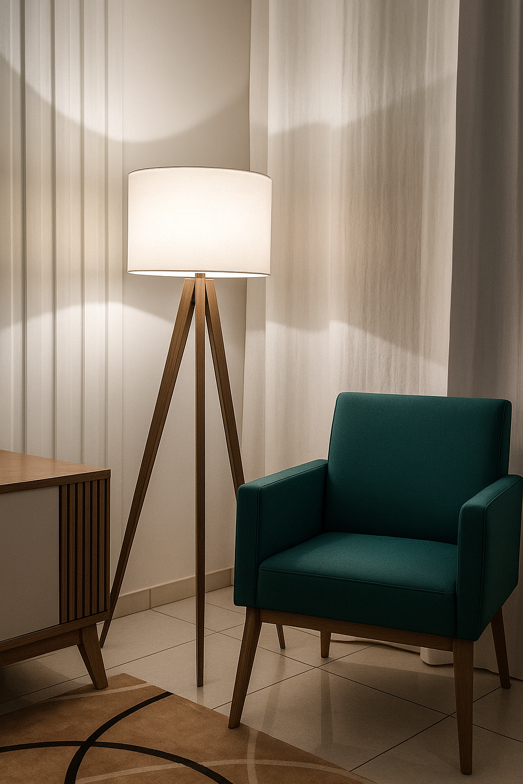 Abajur de Chão com Tripé em Madeira e Cúpula Design Escandinavo