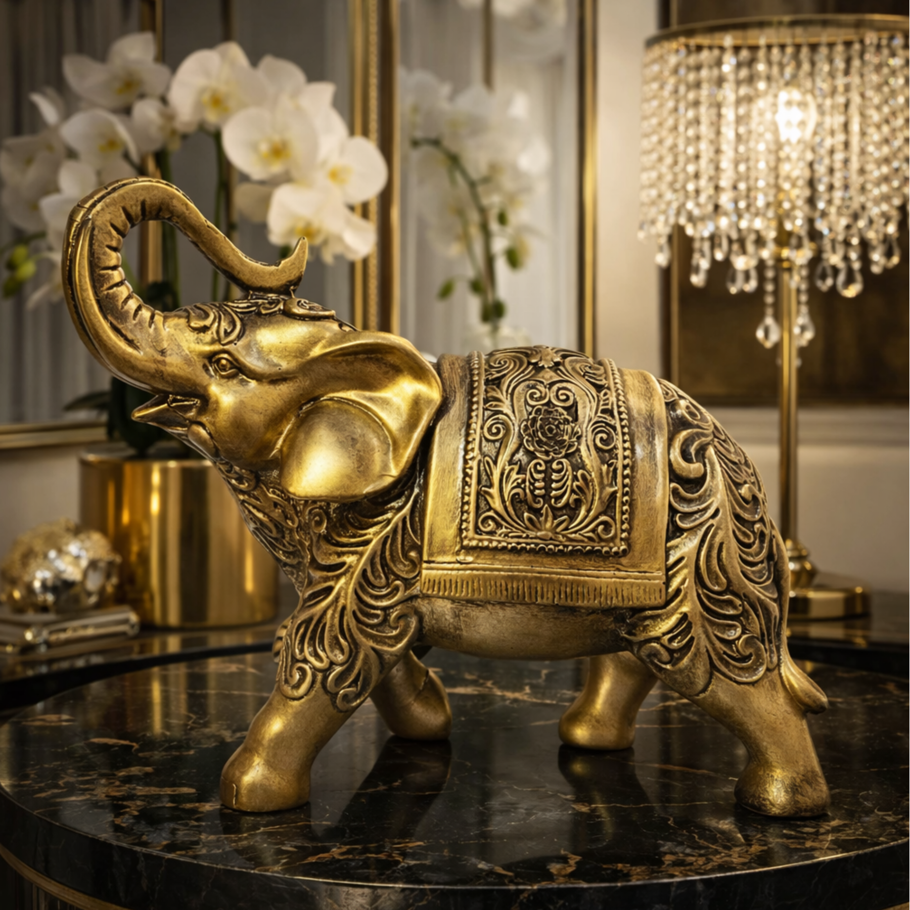 Escultura Elefante Indiano Dourado Decorativo Prosperidade e Sorte
