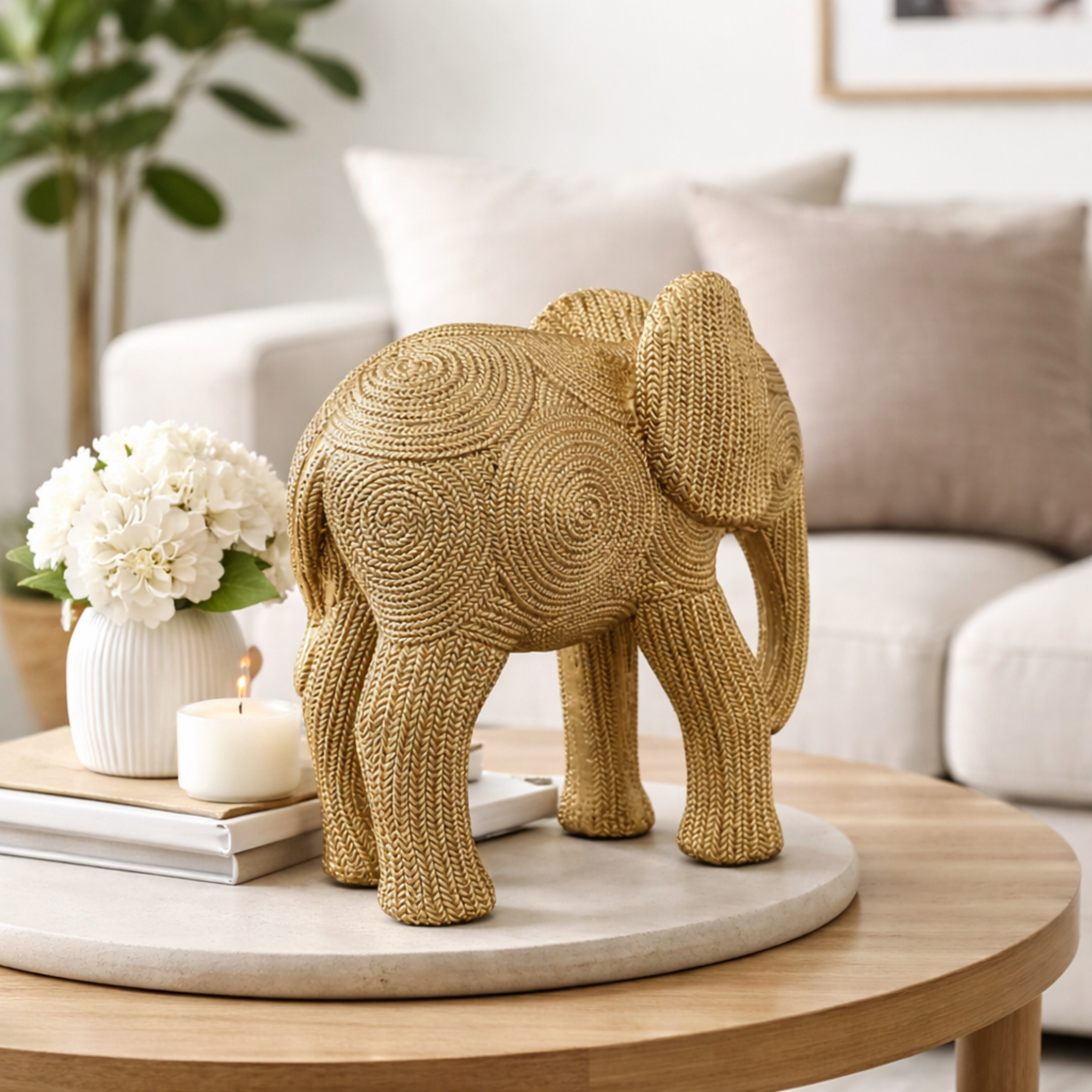 Estatueta Elefante da Sorte Decorativo Dourado Textura Sisal
