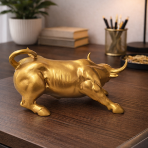 Escultura Decorativa Touro Wall Street Dourado em Resina