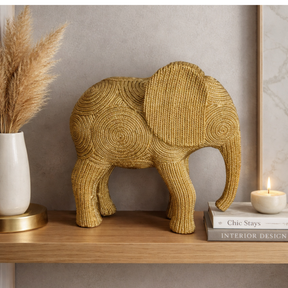 Estatueta Elefante da Sorte Decorativo Dourado Textura Sisal