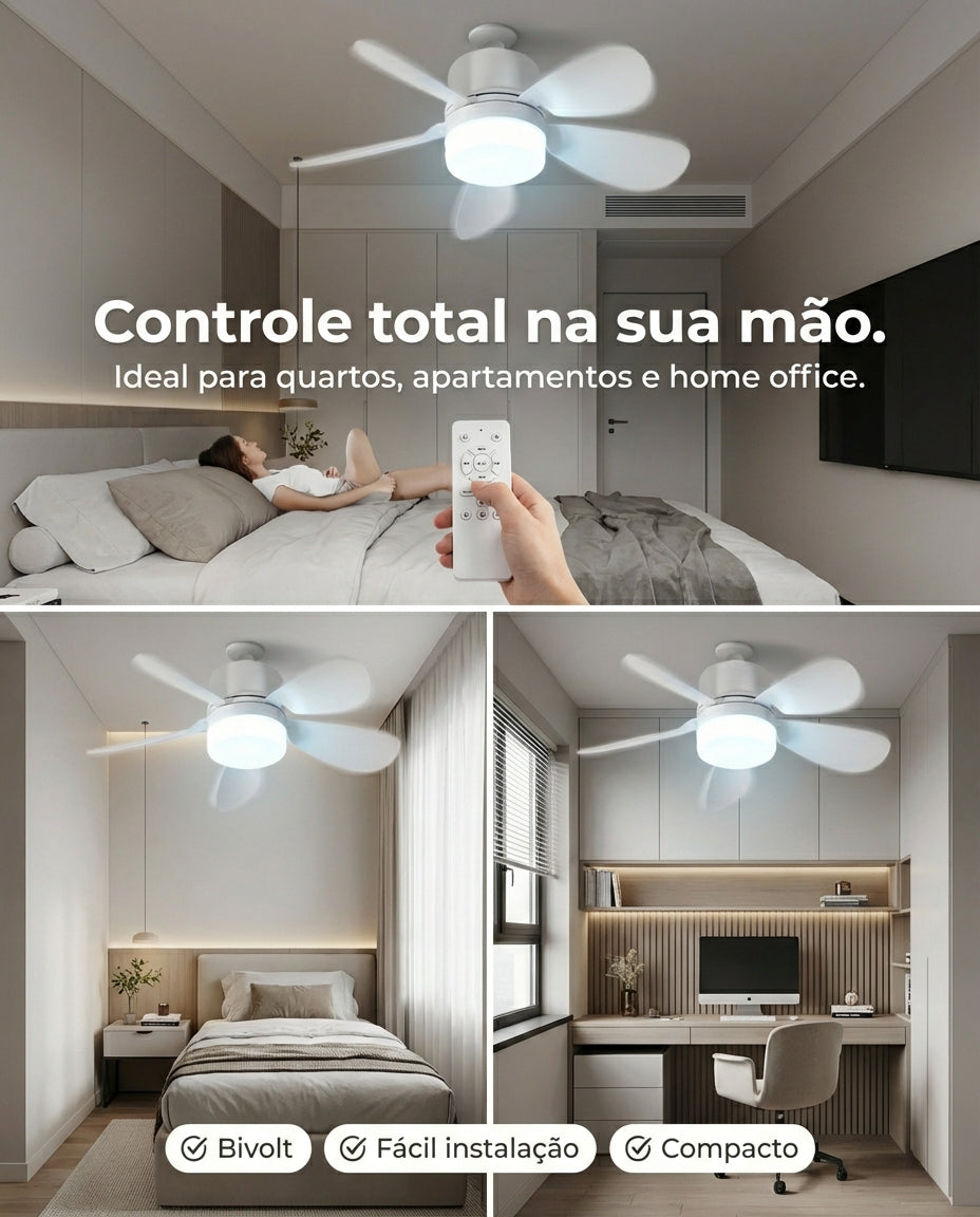 Ventilador de Teto com Luz Rosqueável Silencioso – Instalação em Segundos para ambientes Mais Frescos
