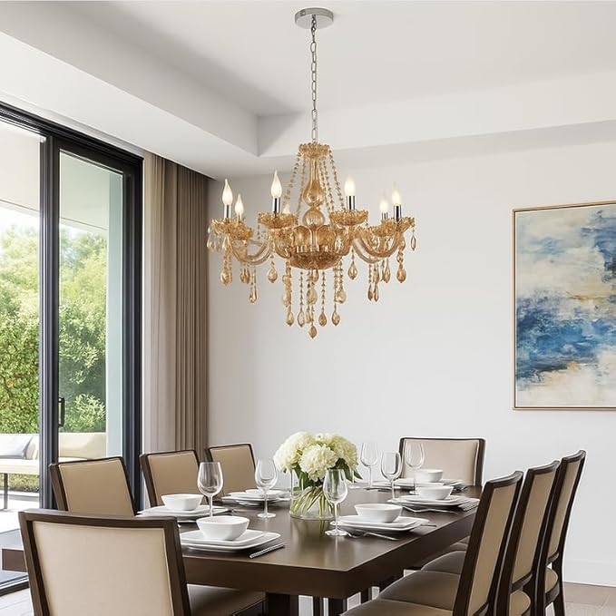 Lustre de Cristal Clássico Candelabro Âmbar com 8 Braços