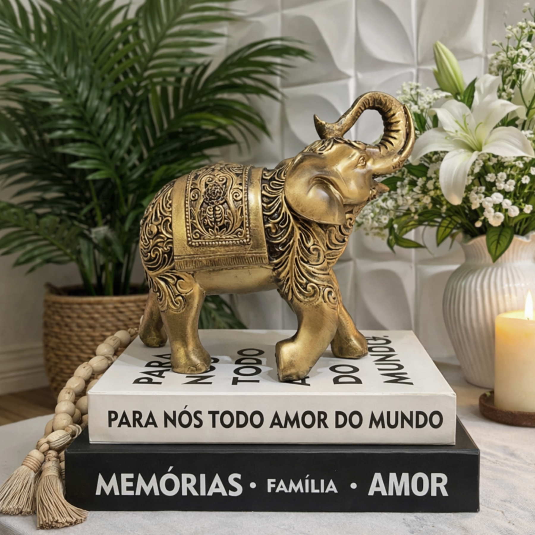 Escultura Elefante Indiano Dourado Decorativo Prosperidade e Sorte