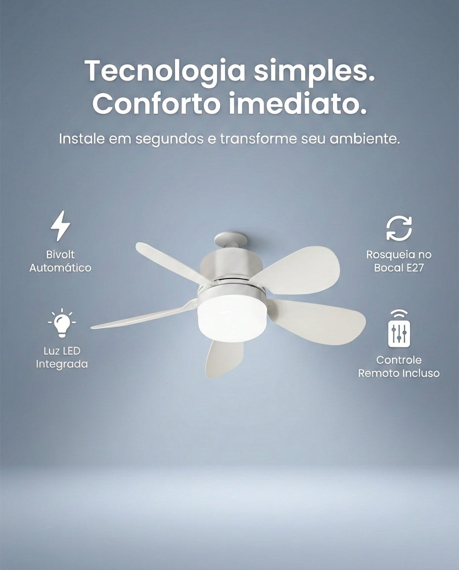 Ventilador de Teto com Luz Rosqueável Silencioso – Instalação em Segundos para ambientes Mais Frescos