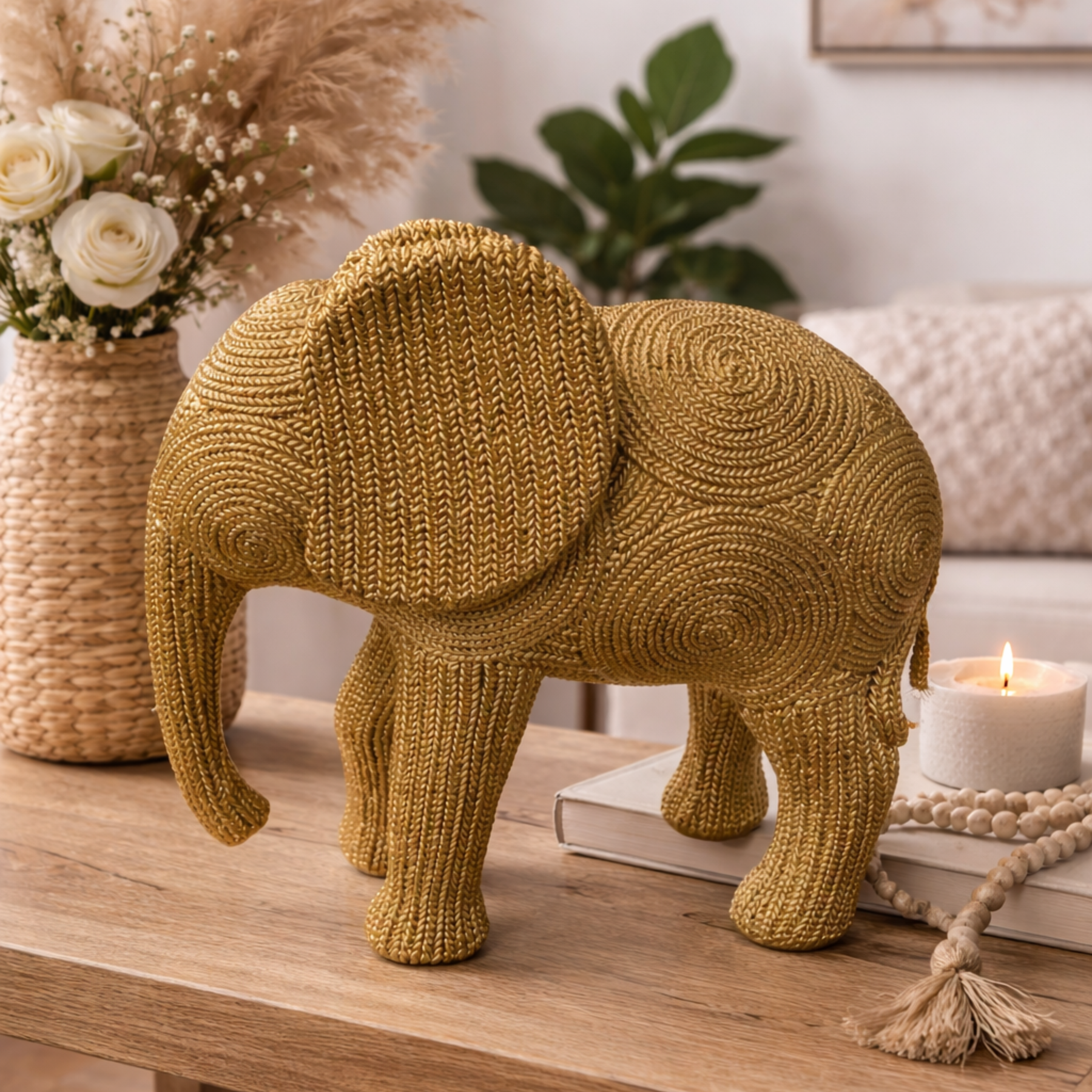 Estatueta Elefante da Sorte Decorativo Dourado Textura Sisal