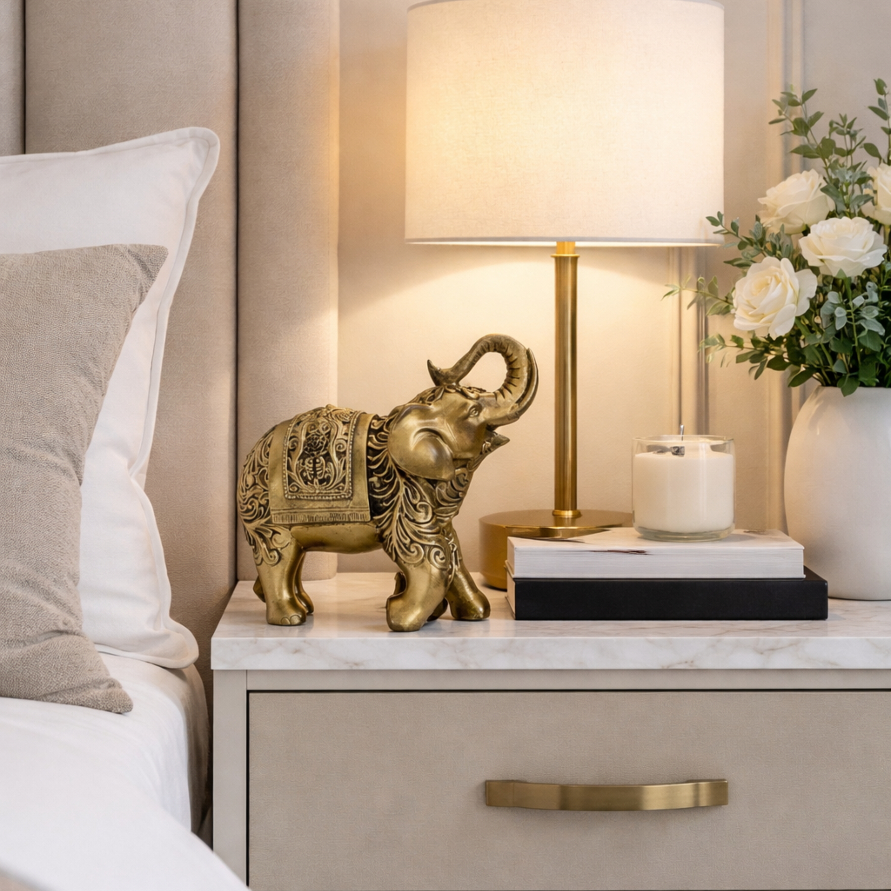 Escultura Elefante Indiano Dourado Decorativo Prosperidade e Sorte