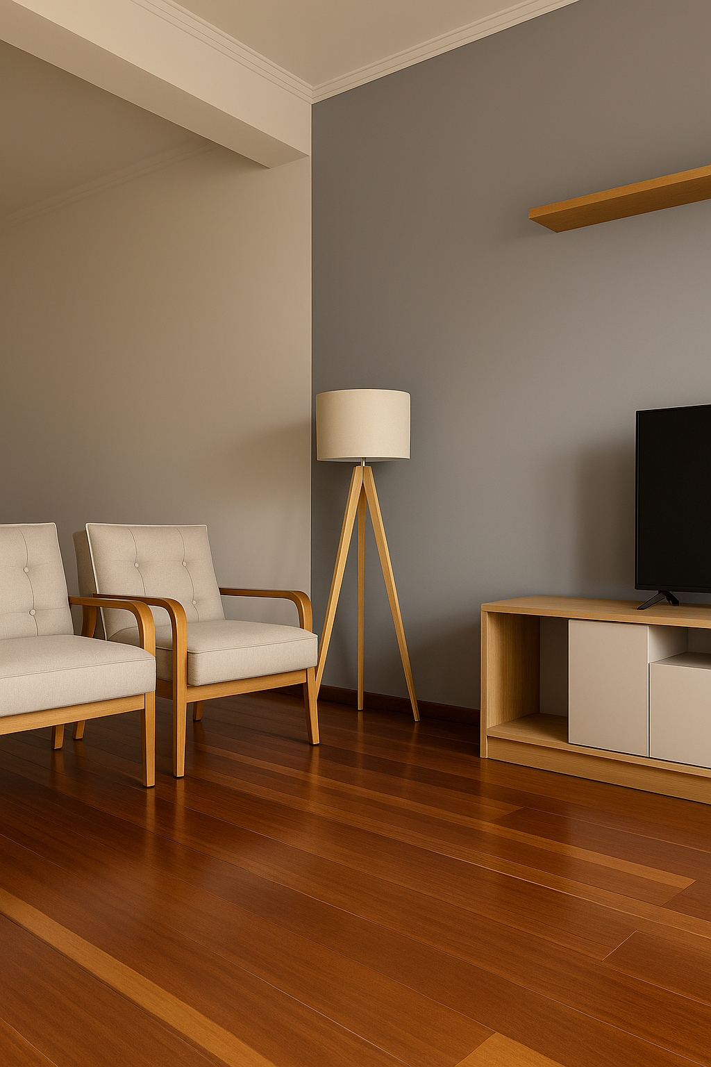 Abajur de Chão com Tripé em Madeira e Cúpula Design Escandinavo